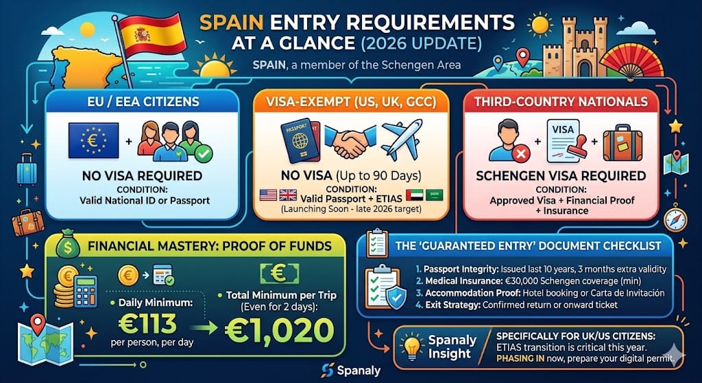 Complete infographic of Spain visa and entry requirements including Schengen rules, ETIAS updates, and mandatory proof of funds.