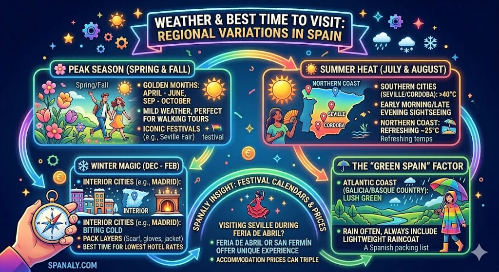 Vibrant infographic guide to Spain weather and regional variations, showing peak season spring and fall months, summer heat warnings for Seville, winter tips for Madrid, and the Green Spain factor in Galicia by Spanaly.com.