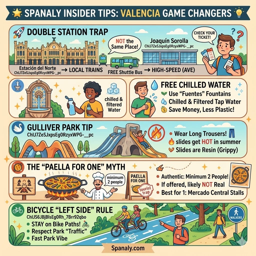A colorful infographic featuring 5 Valencia travel hacks by Spanaly: The 'Double Station' trap (Norte vs Joaquín Sorolla), free chilled water fountains, Gulliver Park clothing tip, the 'Paella for One' myth, and the bicycle 'left side' rule in Turia Gardens. (Spanaly.com)