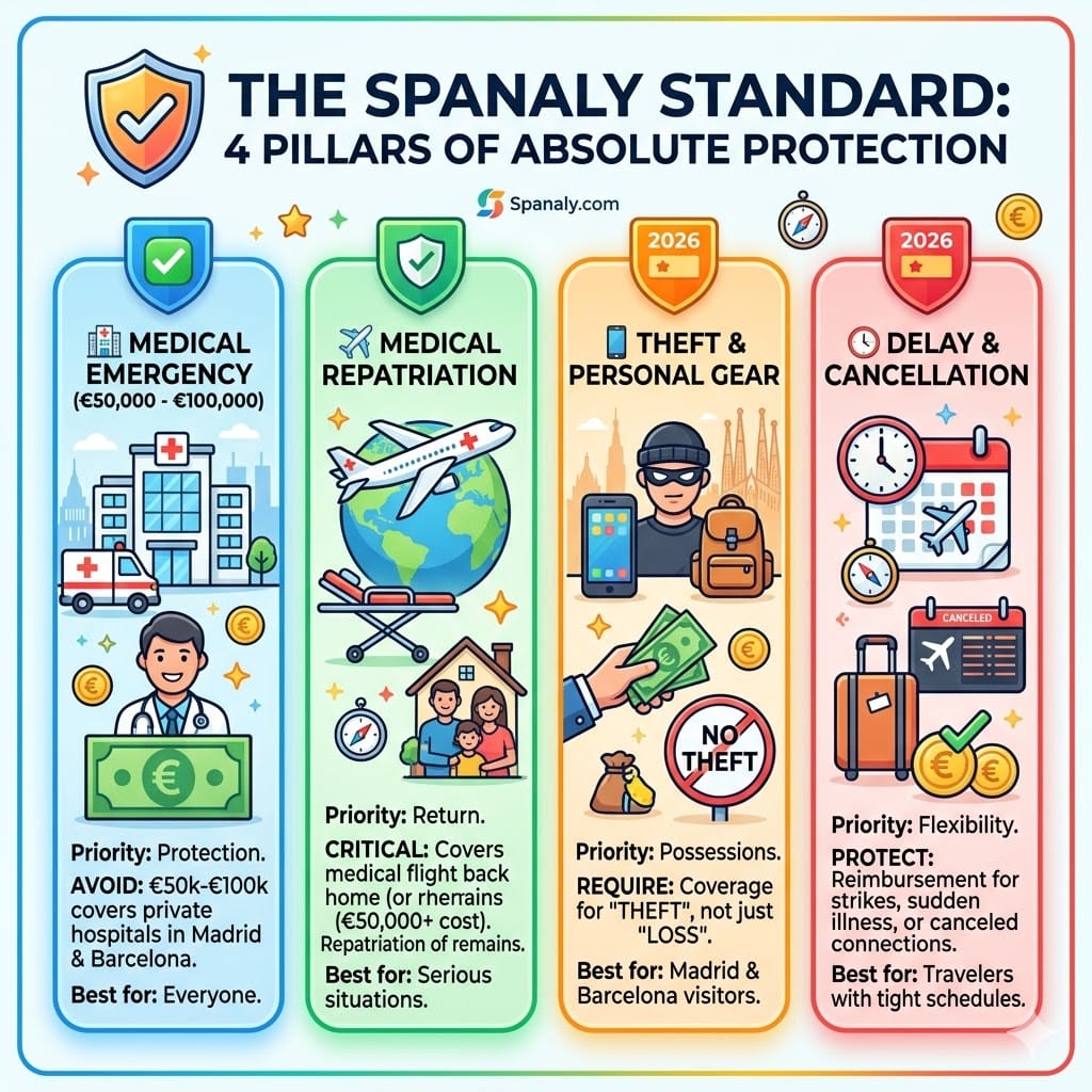 Infographic showing the 4 pillars of travel insurance for Spain: Medical Emergency cover, Medical Repatriation, Theft of personal gear, and Trip Cancellation protection.