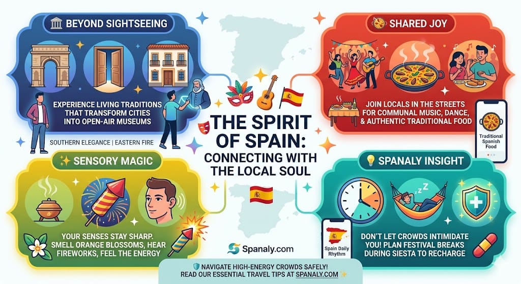 Infographic titled 'The Spirit of Spain: Connecting with the Local Soul'. It highlights four pillars: Beyond Sightseeing (living traditions), Shared Joy (communal food and music), Sensory Magic (smells and sounds), and Spanaly Insight (using siesta to recharge). Featuring vibrant flat vector icons of Spanish landmarks, paella, and fireworks. Spanaly.com