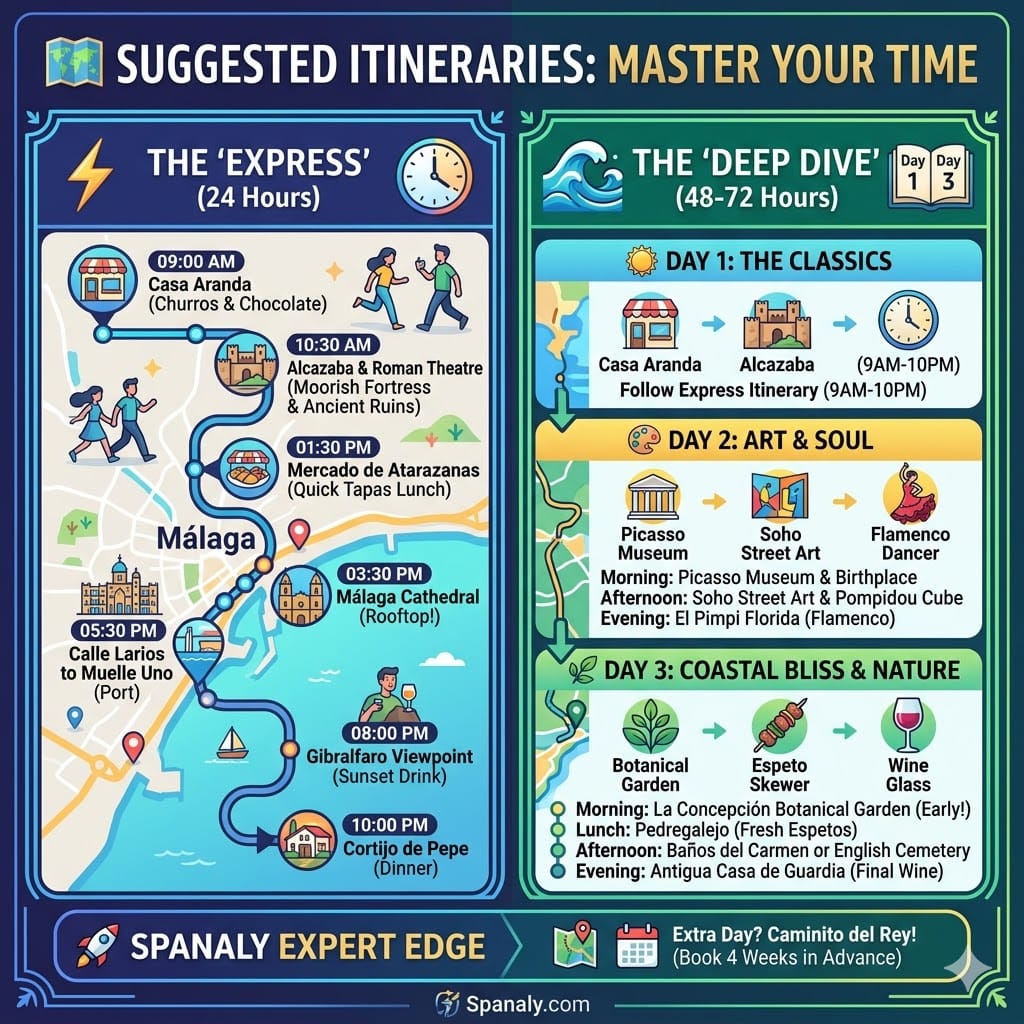 A strategic colorful infographic by Spanaly outlining two suggested itineraries for Málaga, Spain: 'The Express' (24 Hours) covering icons like Casa Aranda and the Alcazaba, and 'The Deep Dive' (48-72 Hours) splitting days into Classics, Art & Soul (Picasso Museum), and Coastal Bliss (Botanical Garden & Pedregalejo). Includes expert tips for Caminito del Rey.