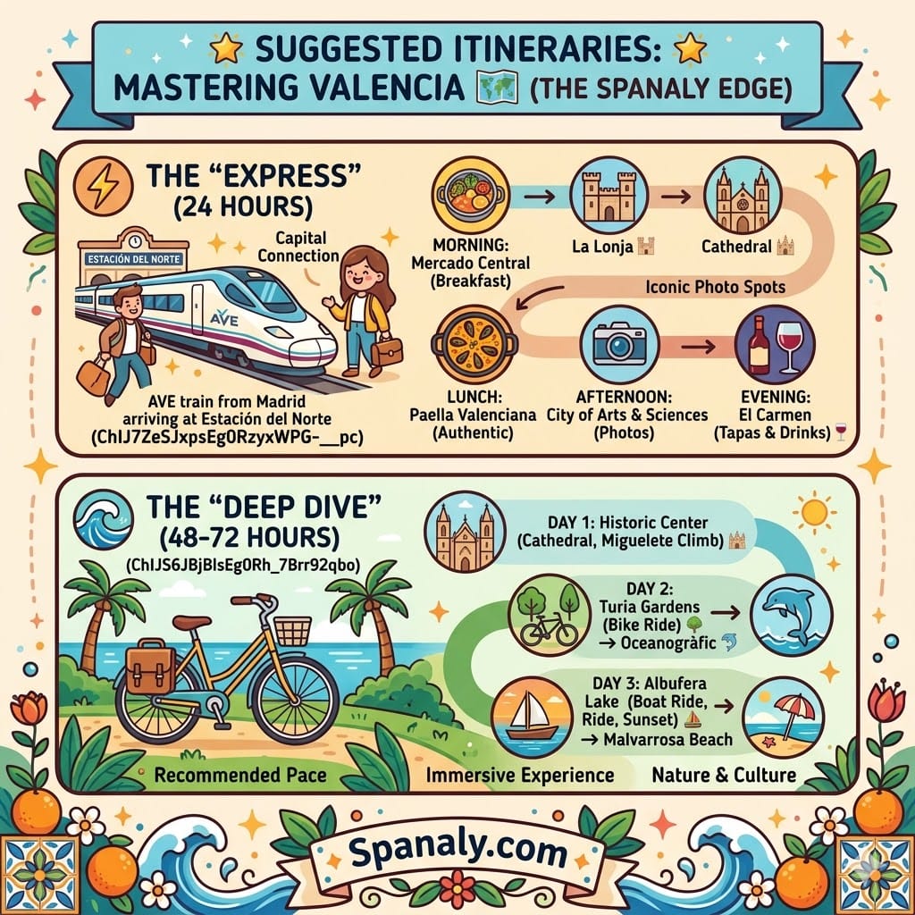 A colorful infographic showing two suggested itineraries for Valencia: a 24-hour "Express" route featuring highlights like the Mercado Central and the City of Arts and Sciences, and a 48-72 hour "Deep Dive" route that includes the Turia Gardens, the Oceanogràfic, Albufera Lake, and Malvarrosa Beach. (Spanaly.com)