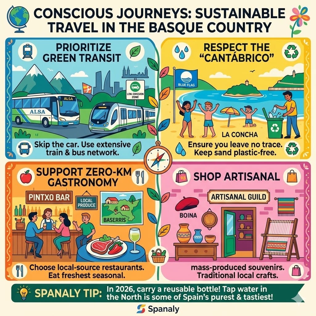 A colorful 4-panel infographic for sustainable travel in the Basque Country. Highlights include using green transit (trains and buses), respecting the ocean at La Concha beach, supporting local zero-KM gastronomy at Pintxo bars, and shopping for artisanal crafts like the Boina. Includes a Spanaly tip about reusable water bottles.