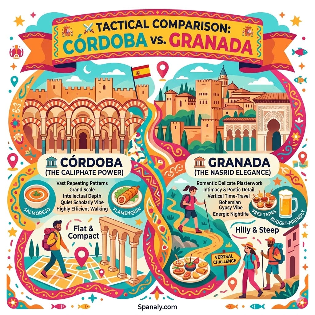 Vibrant organic flow infographic contrasting Córdoba vs. Granada. It highlights Córdoba's Mezquita arches, flat walkable core, and Salmorejo against Granada's Alhambra palace, steep Albayzín hills, and free tapas culture.