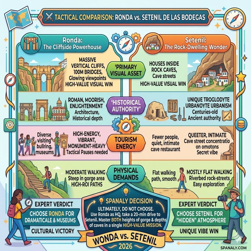 A colorful tactical comparison infographic between Ronda and Setenil de las Bodegas, highlighting key differences in visual assets, historical authority, and physical demands for travelers.