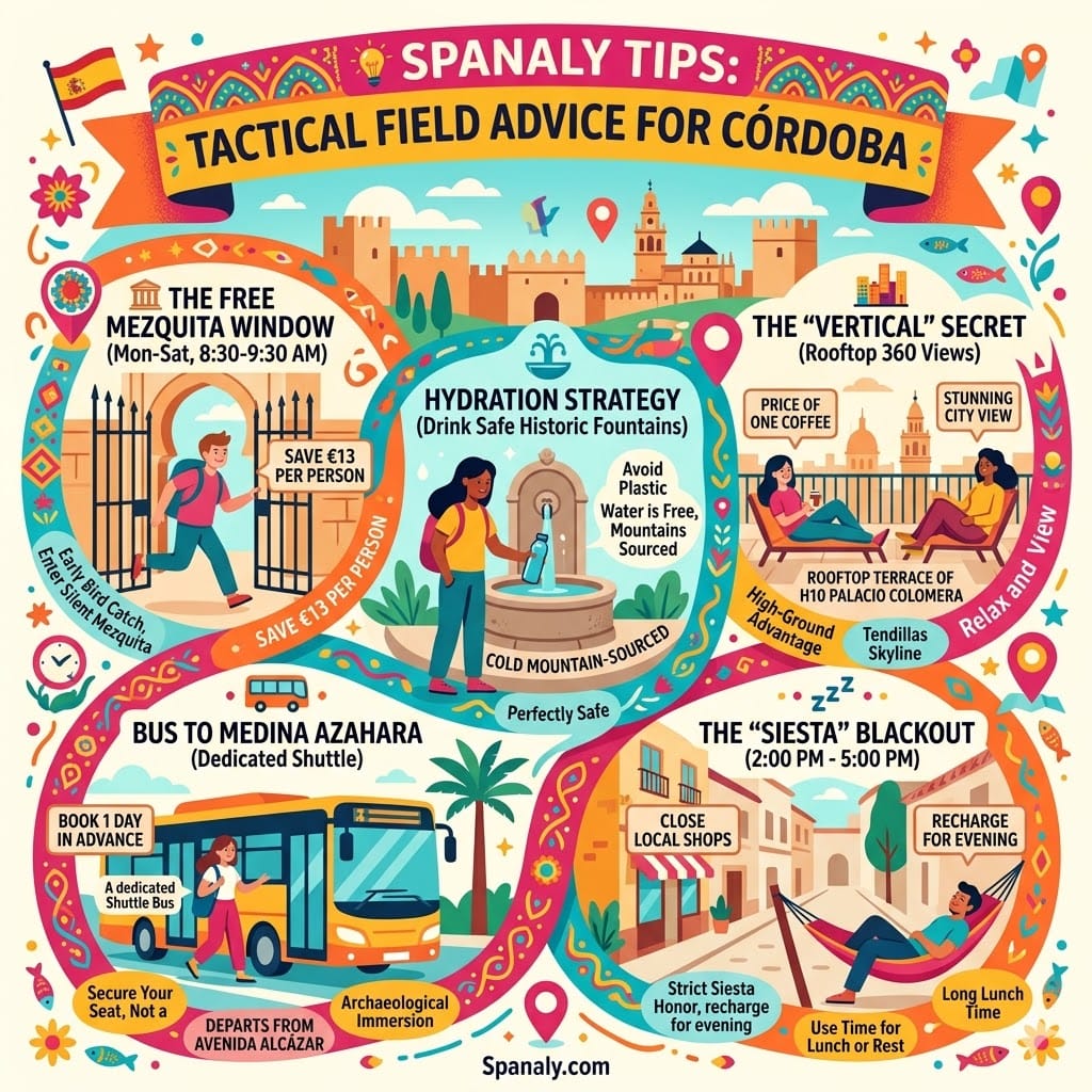 Vibrant organic flow infographic illustrating tactical field advice for Córdoba, Spain. It features an early riser entering the Mezquita for free, a traveler refilling a bottle from a stone fountain, 360-degree city views from a rooftop terrace, and a character enjoying a Siesta recharge.