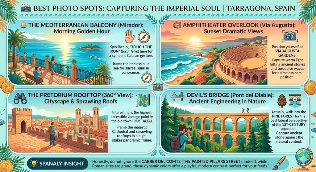 Infographic of the best photo spots in Tarragona including Mediterranean Balcony, Roman Amphitheater overlook, Pretorium rooftop cityscape, and Devil's Bridge by Spanaly.