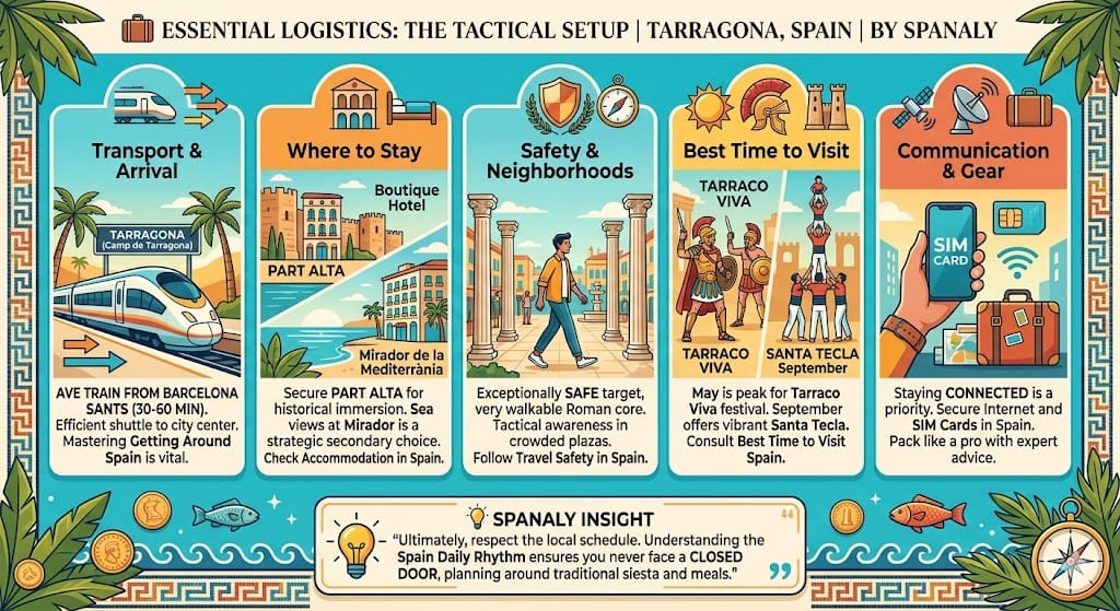 Infographic of Tarragona travel logistics including AVE train from Barcelona, Part Alta accommodation, safety tips, best time to visit festivals, and SIM cards guide by Spanaly.