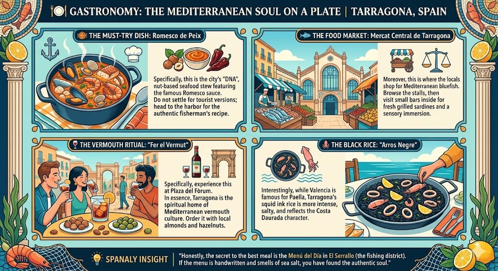 Infographic of Tarragona food guide featuring Romesco de Peix stew, Mercat Central, Vermouth ritual at Plaza del Forum, and Arros Negre black rice by Spanaly.