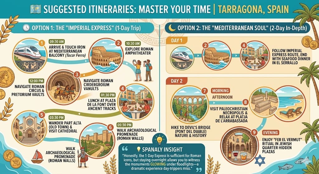 Infographic of Tarragona travel itineraries for 1 and 2 days including Roman Amphitheater, Circus, lunch at Plaza de la Font, and Devil's Bridge by Spanaly.