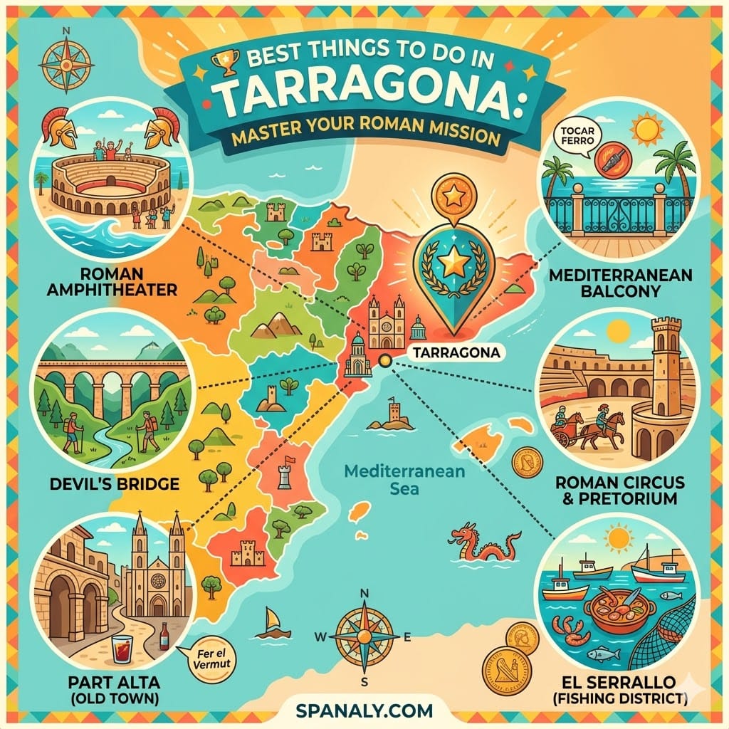 Epic infographic map of Tarragona, Spain, highlighting key Roman monuments like the Amphitheater and Devil's Bridge, with professional tips and the Spanaly.com logo, in a vibrant vector style.