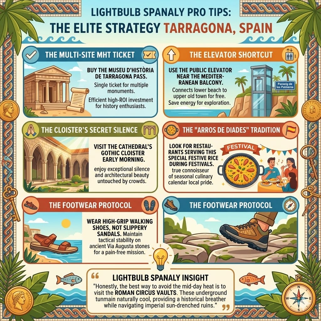 Infographic of expert travel tips for Tarragona featuring the MHT multi-site ticket, public elevator shortcut, Cathedral cloister visit, and proper footwear for Roman ruins by Spanaly.
