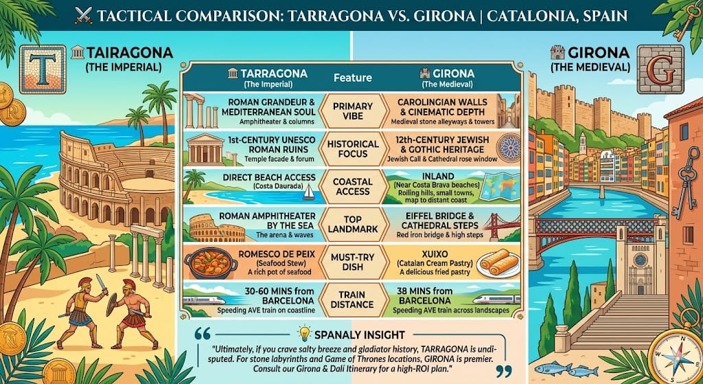 Tactical comparison infographic between Tarragona and Girona highlighting Roman heritage, medieval architecture, coastal access, and traditional dishes like Romesco and Xuixo by Spanaly.