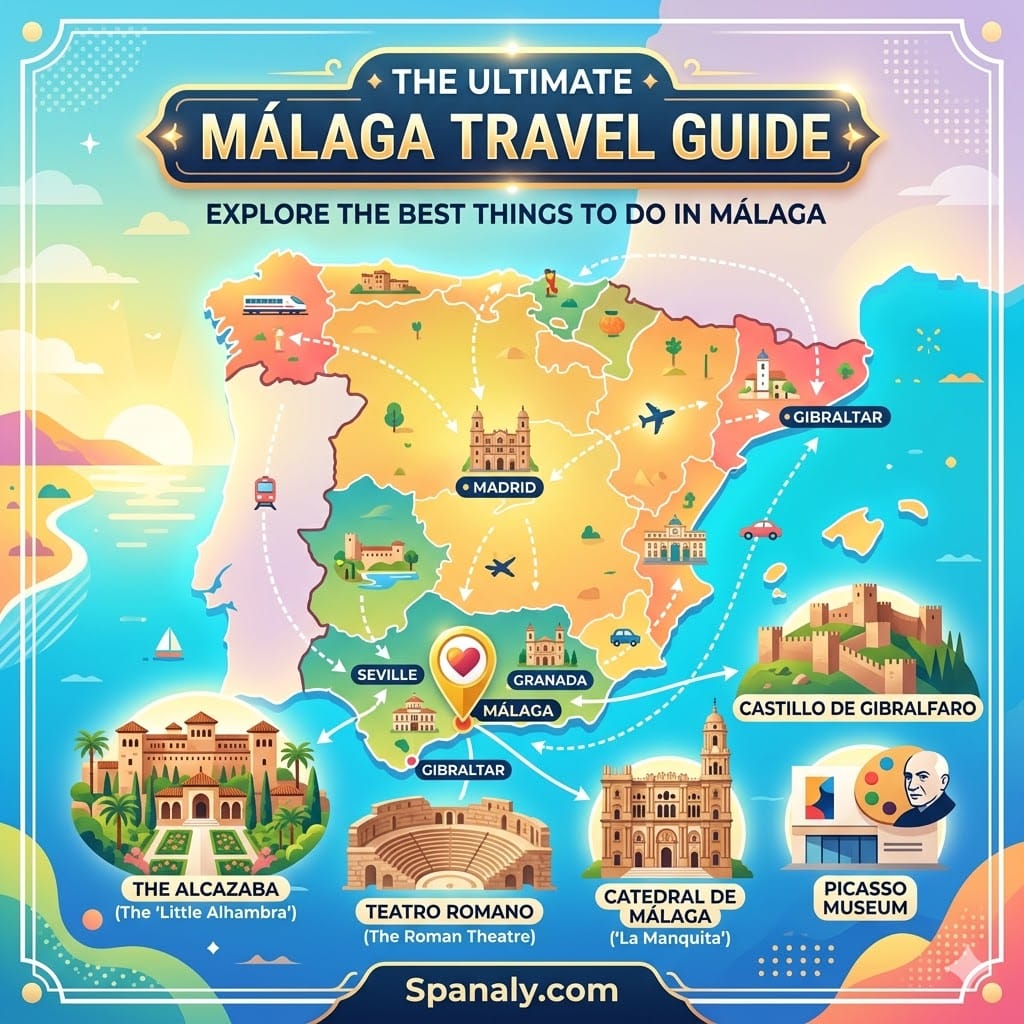 A vibrant square infographic travel guide map of Spain centered on Málaga city, featuring clear icons and paths to the top 5 must-see landmarks: The Alcazaba (The 'Little Alhambra'), Castillo de Gibralfaro, Teatro Romano, Cathedral of Málaga ('La Manquita'), and Picasso Museum. Titled 'THE ULTIMATE MÁLAGA TRAVEL GUIDE' at the top with 'Spanaly.com' at the bottom.