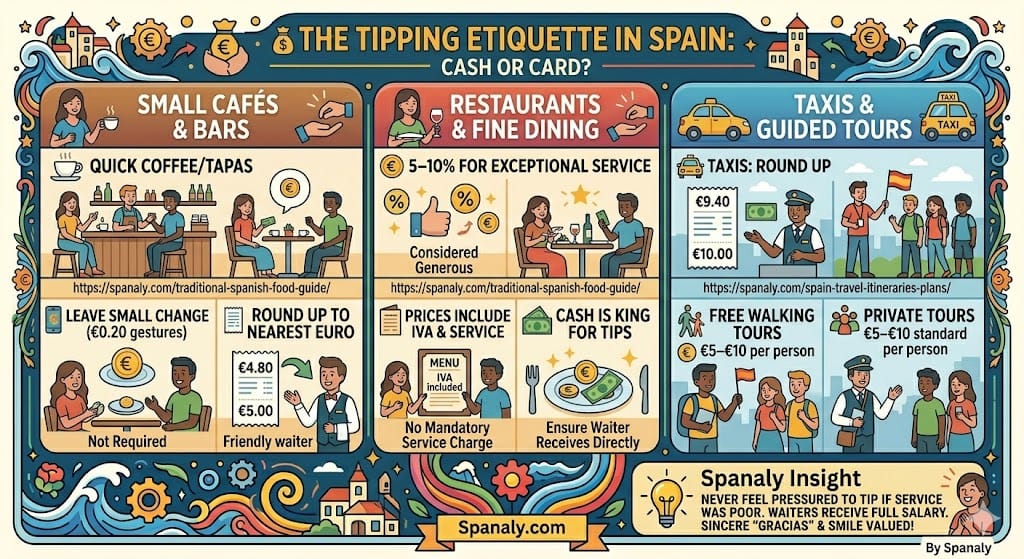 Spanaly guide to tipping in Spain 2026. Explains tipping for cafes, restaurants, and taxis. Highlights that service charges are included in menu prices and recommends 5-10% for great service, preferably in cash.