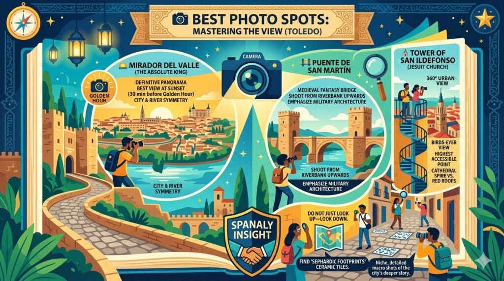 Vibrant organic-flow infographic of Toledo's best photo spots, featuring the Mirador del Valle panorama at golden hour, the medieval Puente de San Martín, the birds-eye view from San Ildefonso Tower, and Jewish Quarter leading lines with Sephardic tiles.