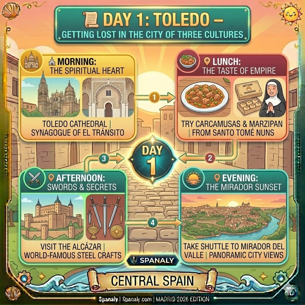 A clear 4-step itinerary infographic for Day 1 in Toledo, featuring the Cathedral, Synagogue, Carcamusas lunch, and the Mirador del Valle sunset view by Spanaly.com.