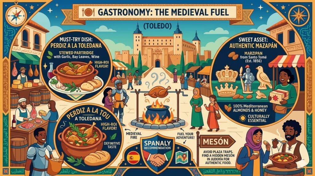 Vibrant organic-flow infographic of Toledo gastronomy, featuring the legendary Perdiz a la Toledana (stewed partridge), traditional Carcamusas pork stew, and authentic handmade marzipan from Santo Tomé.