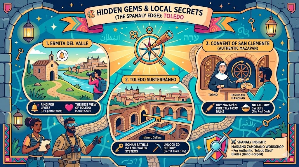 Vibrant organic-flow infographic of Toledo's hidden gems, featuring the panoramic Ermita del Valle, the underground Roman baths, the authentic marzipan from the Convent of San Clemente, and the traditional Mariano Zamorano sword workshop.