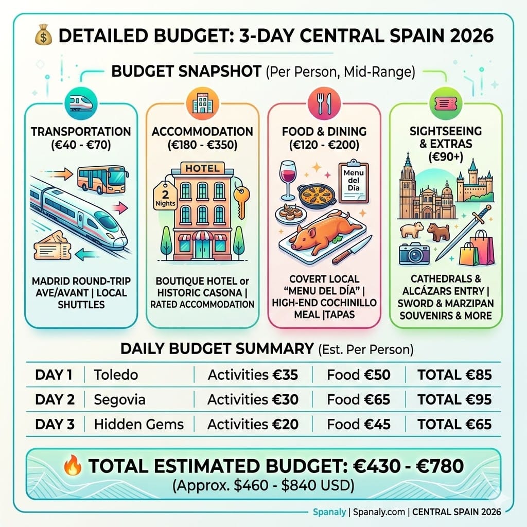 A clean and colorful 2026 budget infographic for a 3-day trip to Toledo and Segovia, featuring cost breakdowns for transportation, accommodation, dining, and sightseeing by Spanaly.com.