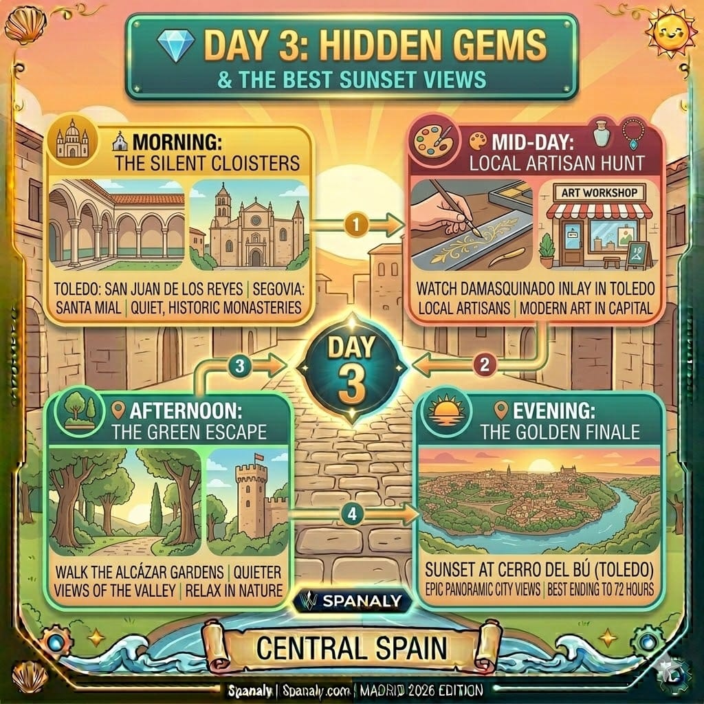 A colorful 2026 travel infographic for Day 3 in Central Spain, highlighting the cloisters of San Juan de los Reyes, traditional Damasquinado craft in Toledo, the gardens of Segovia's Alcazar, and the panoramic sunset at Cerro del Bú by Spanaly.com.