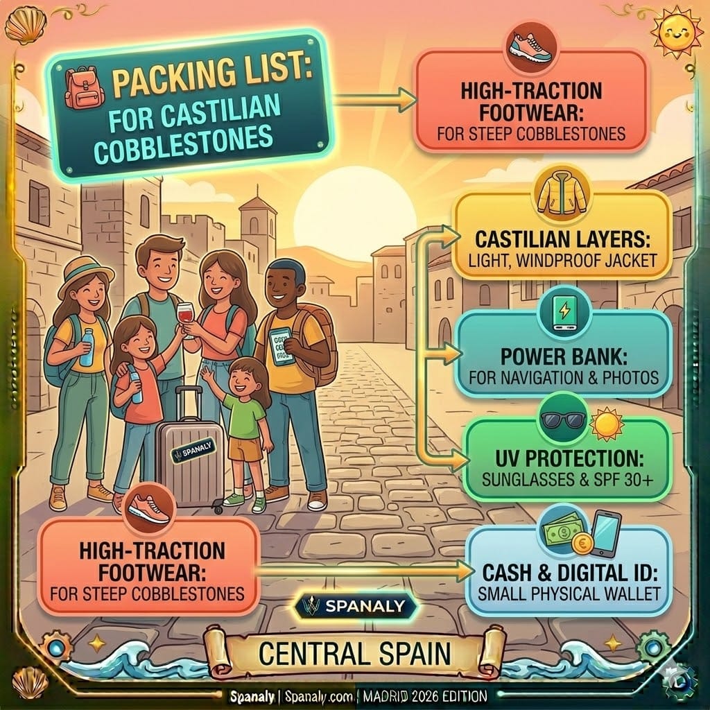 A vibrant infographic for packing essentials in Central Spain, highlighting high-traction footwear for Toledo's cobblestones, windproof jackets for Segovia, and digital travel tools by Spanaly.com.
