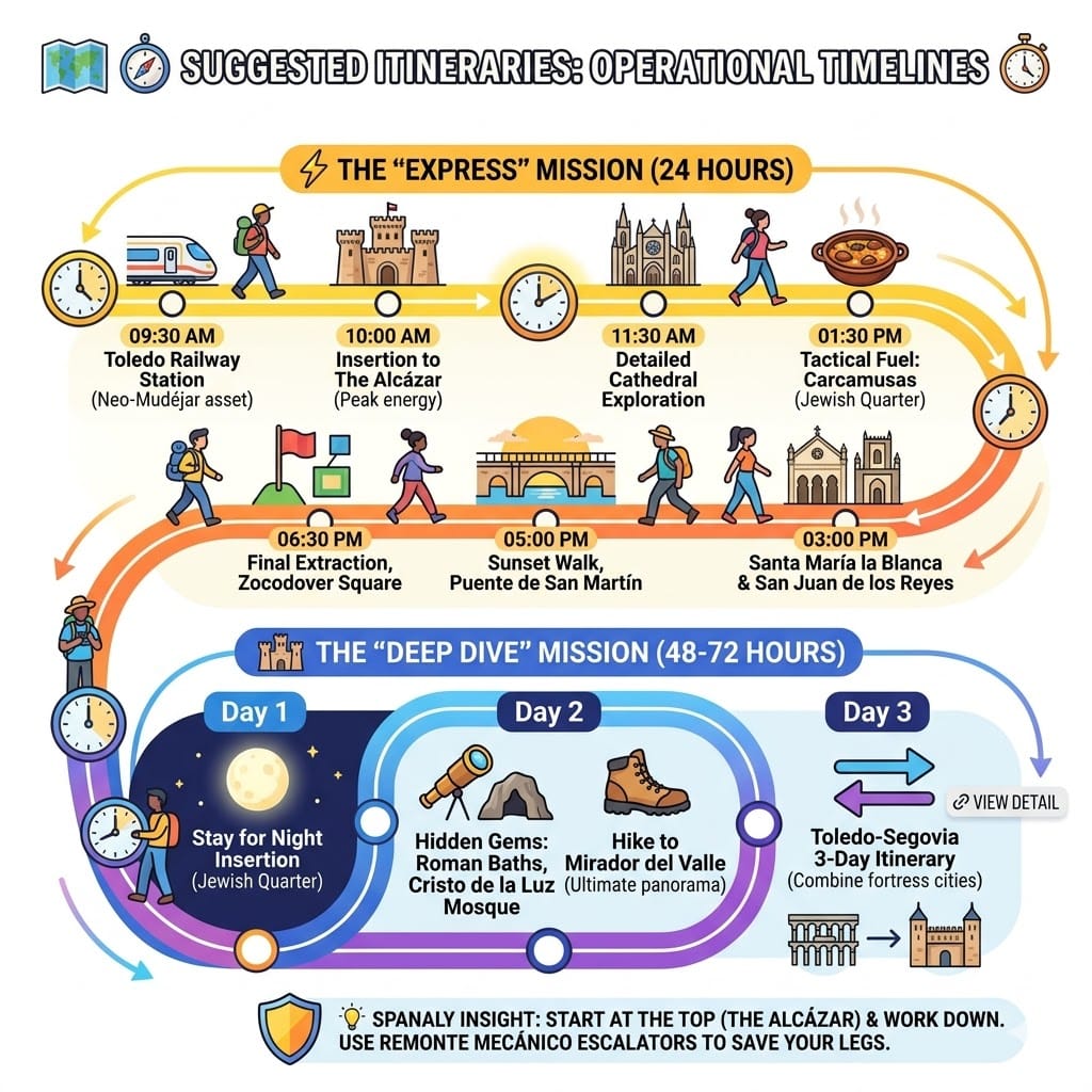 Vibrant square flat infographic map showing two detailed travel itineraries for Toledo: A 24-hour 'Express Mission' to high-value icons and a 48-72 hour 'Deep Dive' for hidden gems and regional expansion to Segovia.