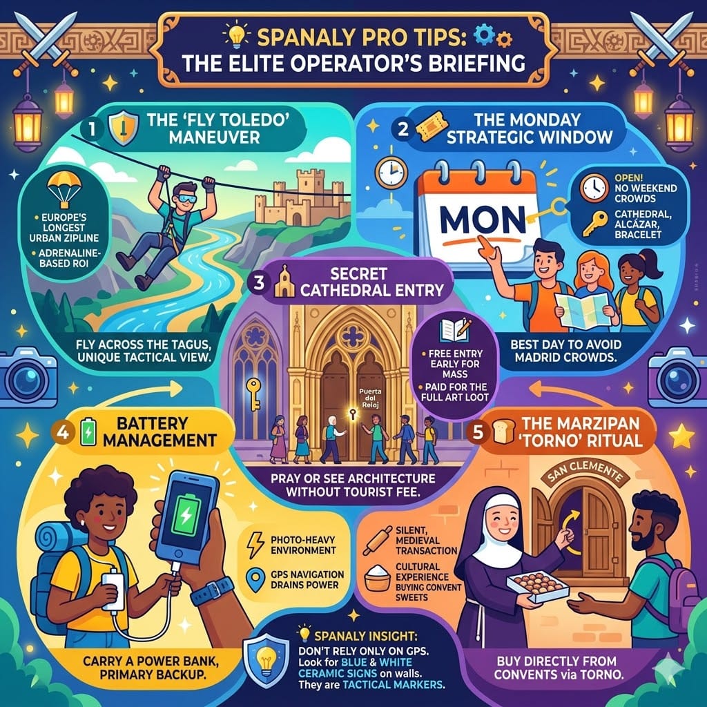 Vibrant square flat infographic map showcasing Spanaly's pro travel tips for Toledo: Europe's longest urban zipline, Monday strategic openings, secret Cathedral early entry, power bank charging advice, and the traditional Torno marzipan buying ritual.