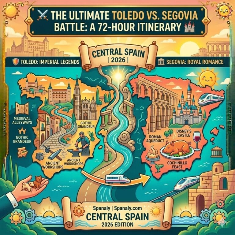 A creative 2026 travel map of Central Spain split between Toledo and Segovia, featuring the Alcázar castle, Roman Aqueduct, high-speed AVE train, and local cuisine by Spanaly.com.