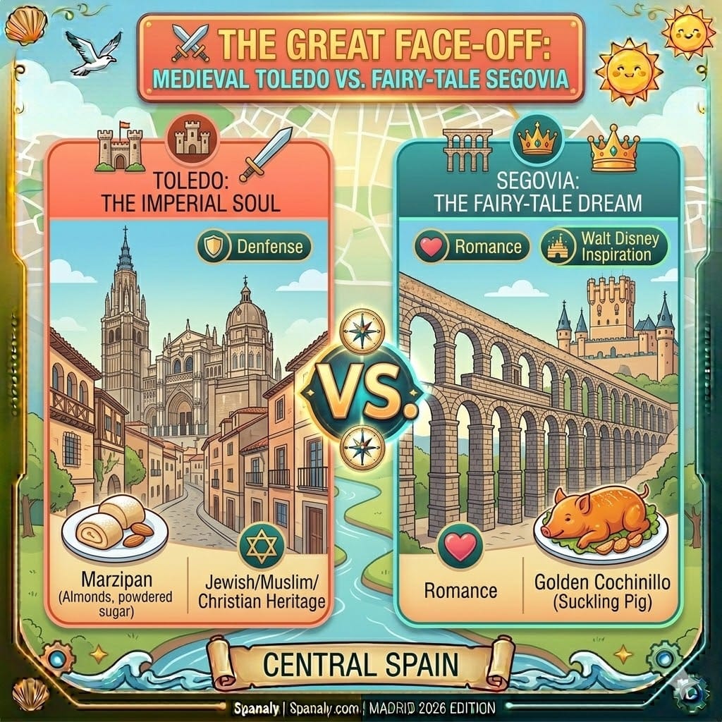 A colorful comparison infographic between Toledo and Segovia for 2026, featuring the Imperial Soul of Toledo vs. the Fairy-Tale charm of Segovia, including icons for Marzipan, the Aqueduct, and the Alcazar castle.