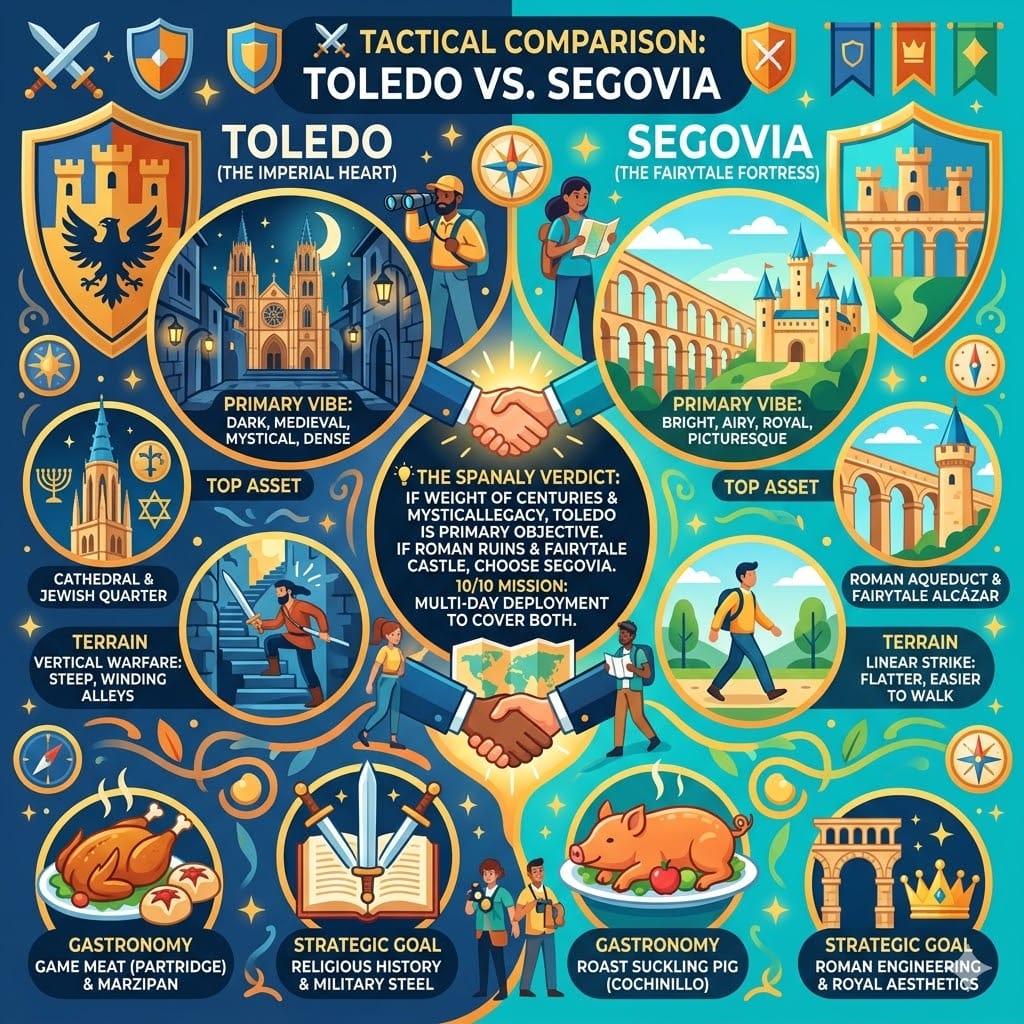 Vibrant organic-flow infographic comparing Toledo vs Segovia for travel, detailing their distinct vibes, main attractions like the Gothic Cathedral and Roman Aqueduct, vertical warfare vs linear strike terrain, gastronomy, and strategic deployment goals.