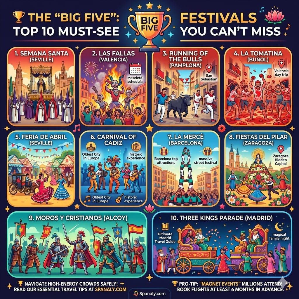 A vibrant colorful square infographic titled '🏆 THE "BIG FIVE": TOP 10 MUST-SEE FESTIVALS YOU CAN'T MISS' in a polished flat vector style. It features a grid of ten numbered panels with glowing outlines, including a golden trophy at the top, illustrating: 1. Semana Santa (Seville), 2. Las Fallas (Valencia), 3. Running of the Bulls (Pamplona), 4. La Tomatina (Buñol), 5. Feria de Abril (Seville), 6. Carnival of Cadiz, 7. La Mercè (Barcelona), 8. Fiestas del Pilar (Zaragoza), 9. Moros y Cristianos (Alcoy), and 10. Three Kings Parade (Madrid). Each panel has specific icons and brief descriptive text with internal links to Seville, Valencia, Madrid, and other destination guides, and a Pro-Tip about booking flights 6 months in advance. Spanaly.com logo. Modern design with stars and playful elements.