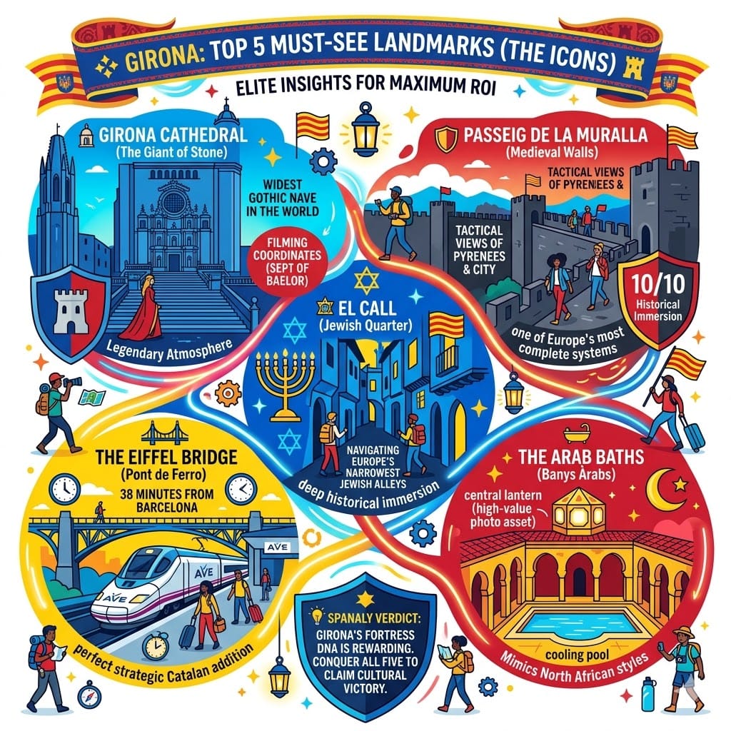 Vibrant infographic of the top 5 things to do in Girona, featuring Girona Cathedral, the Medieval Walls, El Call Jewish Quarter, Eiffel Bridge, and the Arab Baths.
