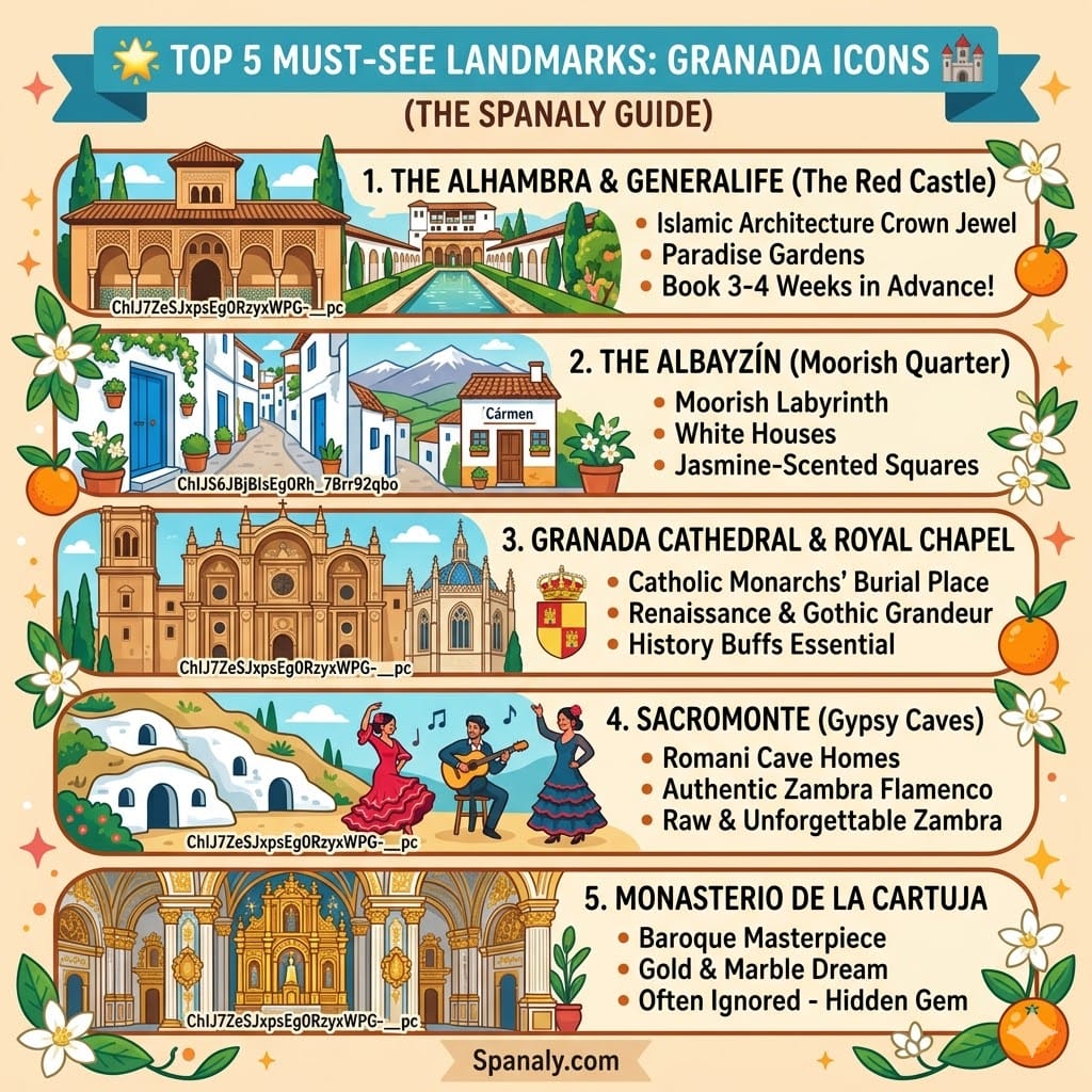 A vibrant square infographic illustrating the top 5 must-see landmarks in Granada: 1. The Alhambra & Generalife, 2. The Albayzín Moorish Quarter, 3. Granada Cathedral & Royal Chapel, 4. Sacromonte Gypsy Caves, and 5. Monasterio de la Cartuja. (Spanaly.com)