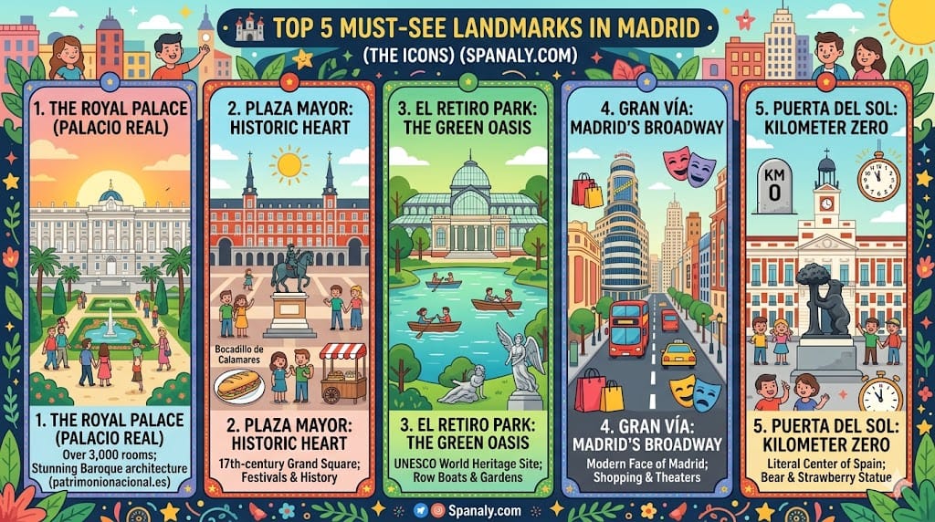 Colorful infographic map illustrating the top 5 must-see landmarks in Madrid: Royal Palace, Plaza Mayor, El Retiro Park, Gran Vía, and Puerta del Sol by Spanaly.