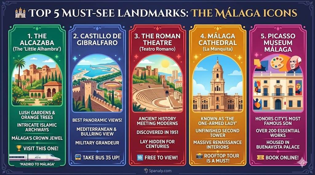 An infographic of the top 5 must-see landmarks in Málaga: The Alcazaba, Castillo de Gibralfaro, Roman Theatre, Málaga Cathedral (La Manquita), and Picasso Museum, featuring travel tips and Spanaly verdicts for each.