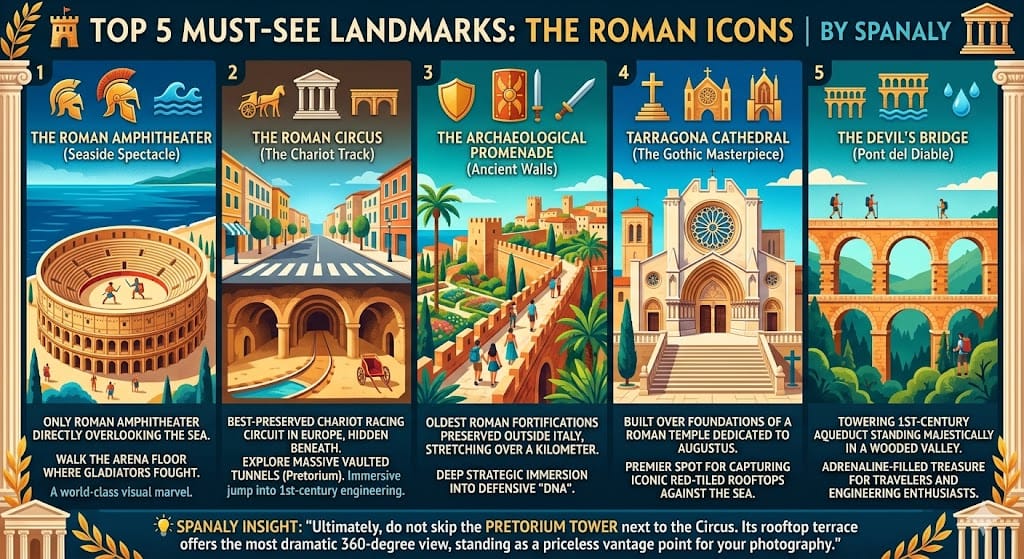 Infographic of the top 5 must-see landmarks in Tarragona: Roman Amphitheater, Roman Circus, Archaeological Promenade, Tarragona Cathedral, and Devil's Bridge aqueduct by Spanaly.