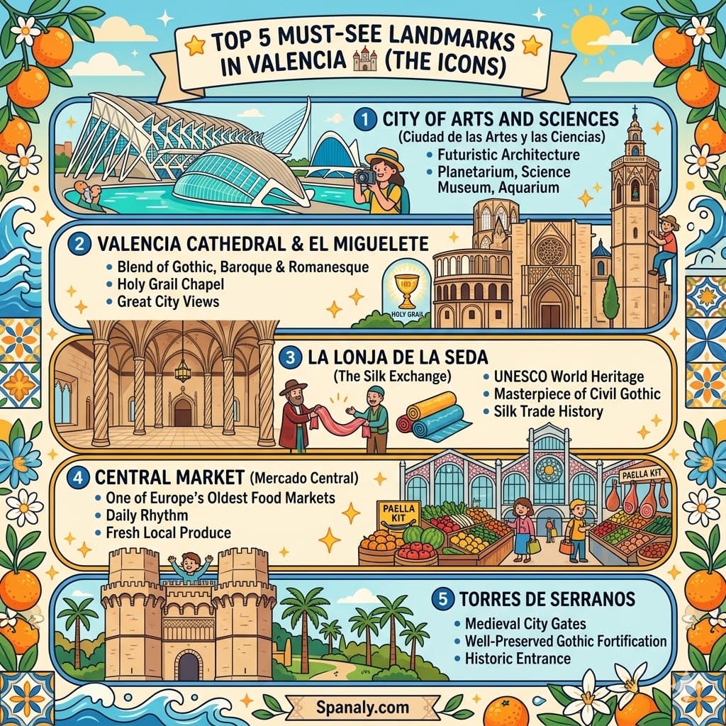 Colorful infographic showing the top 5 landmarks in Valencia: City of Arts and Sciences, Valencia Cathedral with El Miguelete tower, La Lonja de la Seda, Central Market, and Torres de Serranos by Spanaly.com.