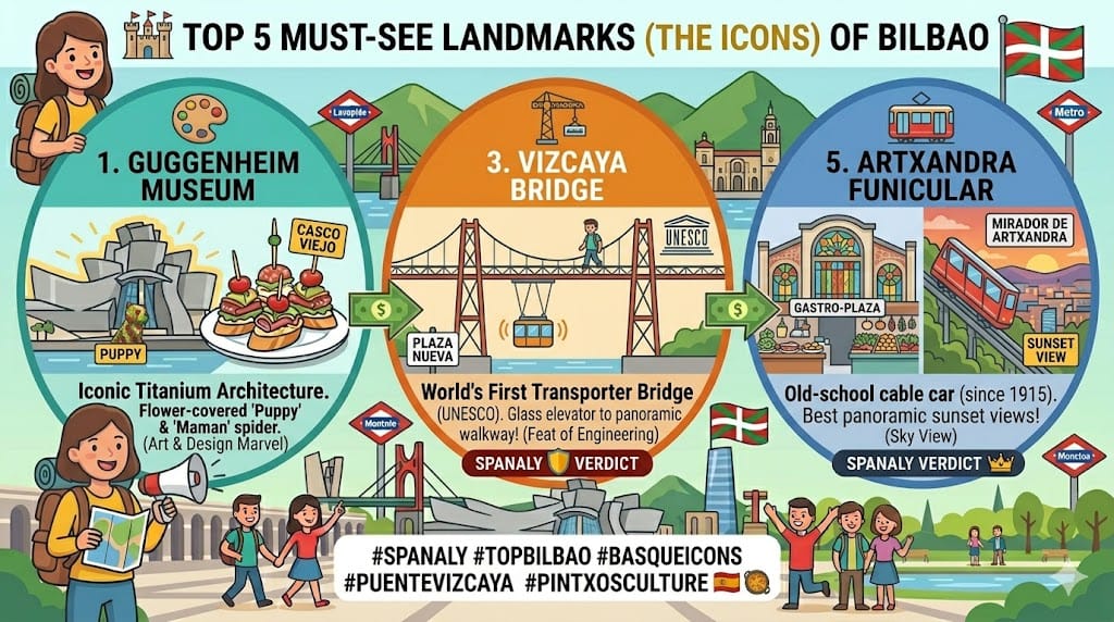 Tactical infographic of things to do in Bilbao: Guggenheim Museum, Vizcaya Bridge, and Artxandra Funicular.