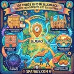 Epic infographic map of the top things to do in Salamanca, Spain, featuring a large map of Spain with icons for the University facade, Twin Cathedrals, Roman Bridge, El Cielo de Salamanca, and local gastronomy.