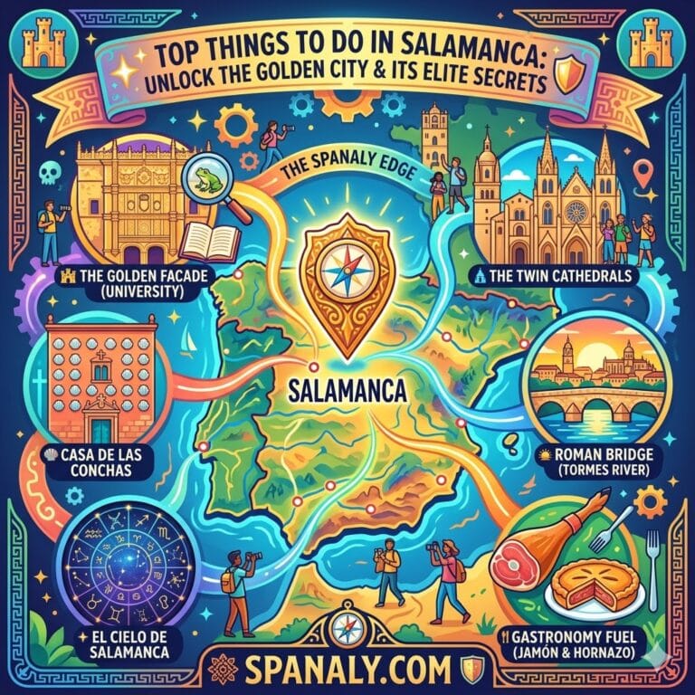 Epic infographic map of the top things to do in Salamanca, Spain, featuring a large map of Spain with icons for the University facade, Twin Cathedrals, Roman Bridge, El Cielo de Salamanca, and local gastronomy.