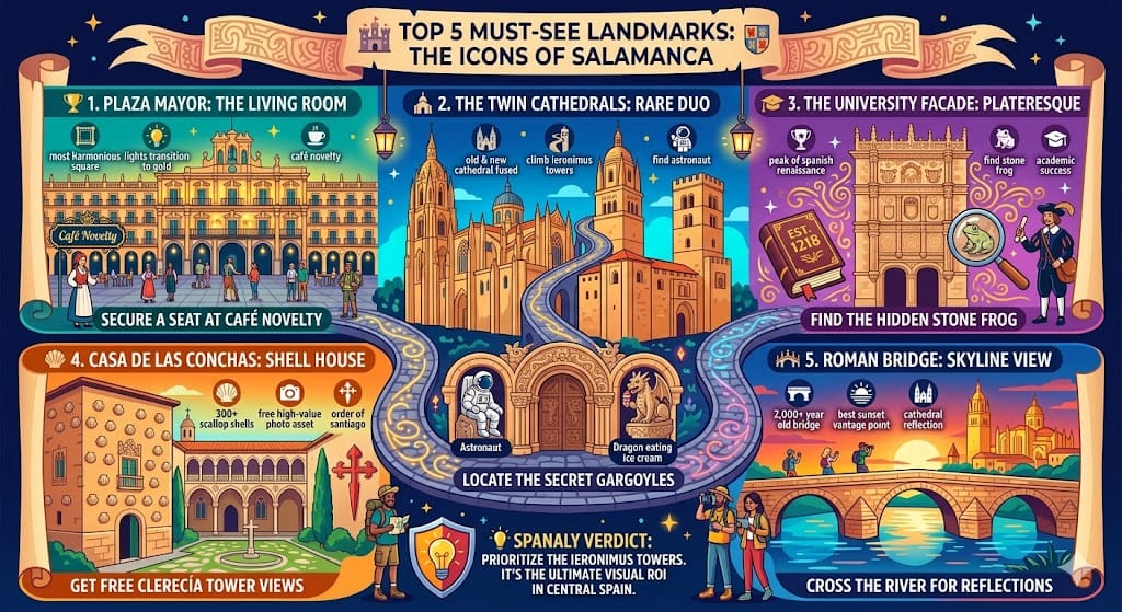 Vibrant infographic of the top 5 things to do in Salamanca, featuring Plaza Mayor, the Twin Cathedrals, the University facade with the hidden frog, Casa de las Conchas, and the Roman Bridge.