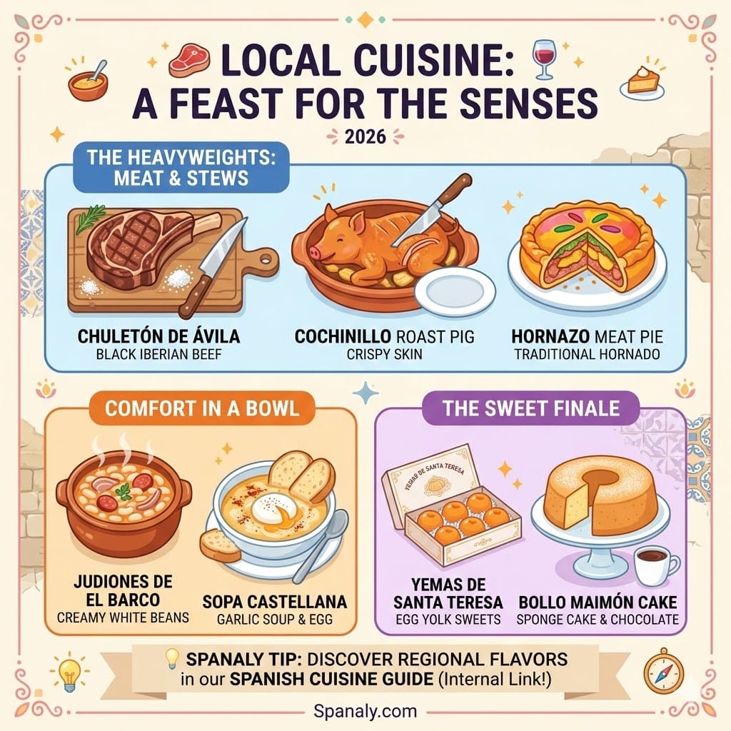 Square 1024x1024 infographic of traditional Castilian food in Ávila and Salamanca, including Chuletón steak, Hornazo pie, suckling pig, and Yemas de Santa Teresa sweets.