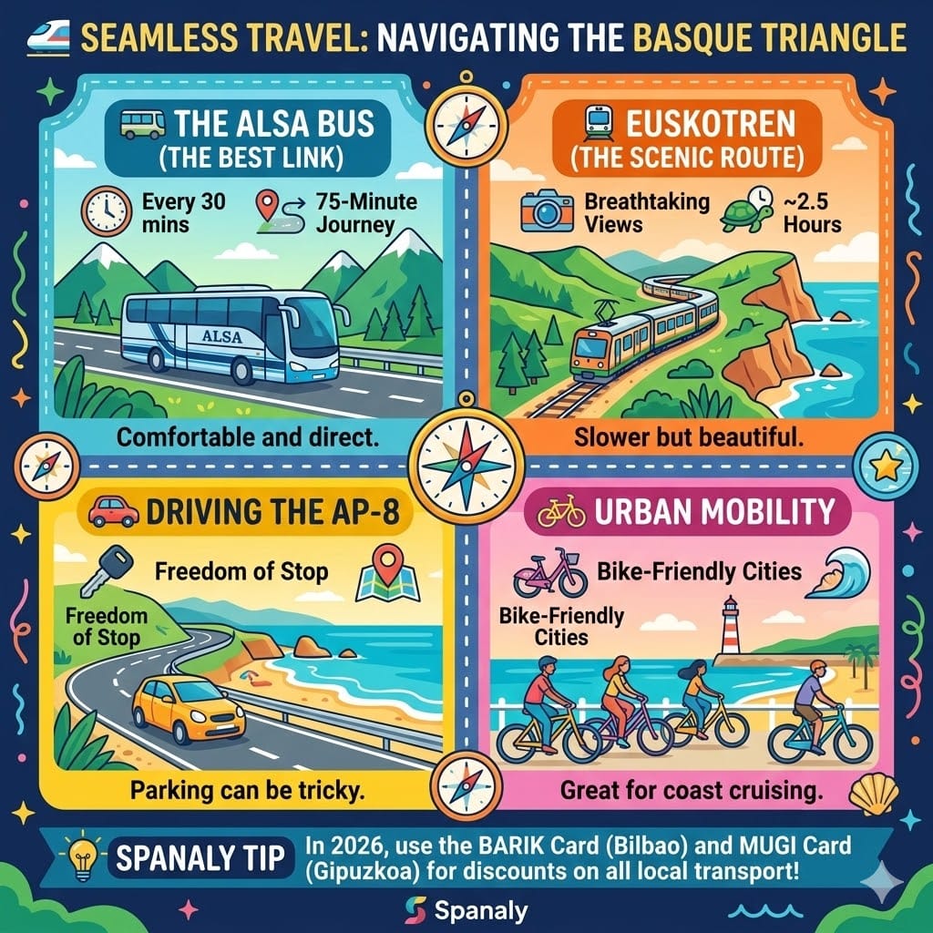 A colorful travel infographic for navigating the Basque Country in 2026. Features icons and details for the Alsa bus, Euskotren scenic train, driving the AP-8 highway, and urban cycling. Includes a Spanaly tip about the Barik and Mugi discount cards.