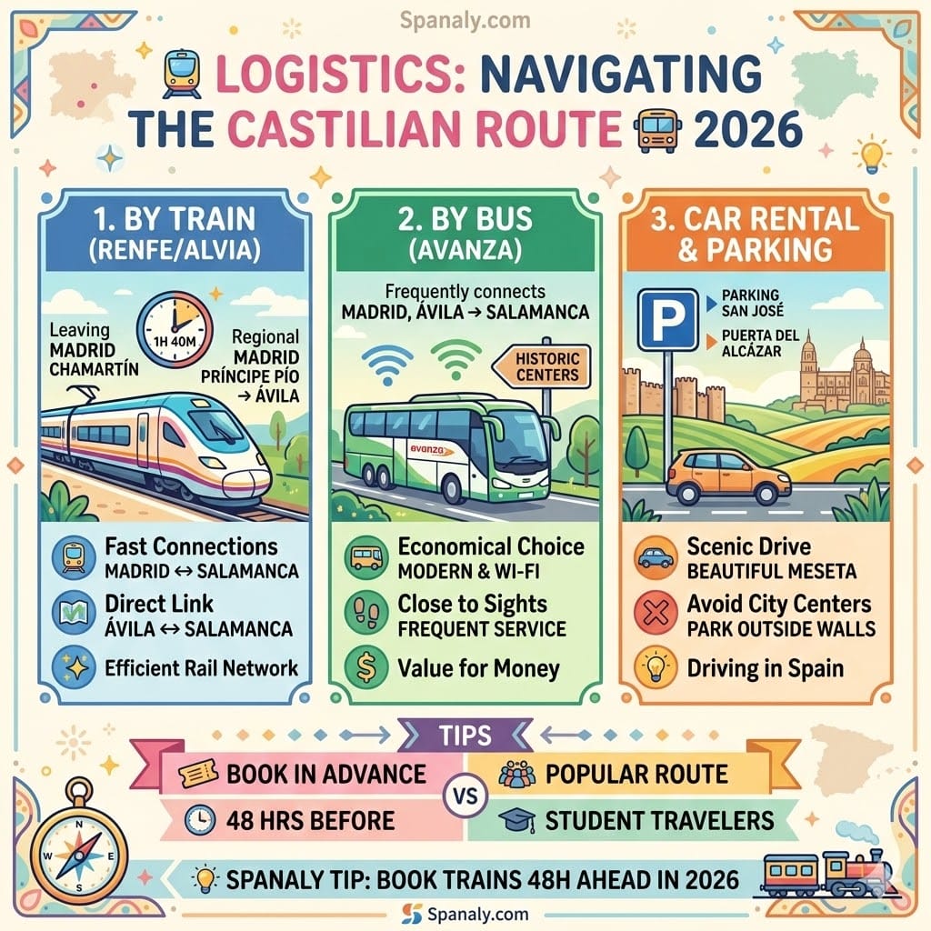 Square 1024x1024 infographic showing transportation options between Madrid, Ávila, and Salamanca in 2026, including high-speed train, bus, and car rental tips.