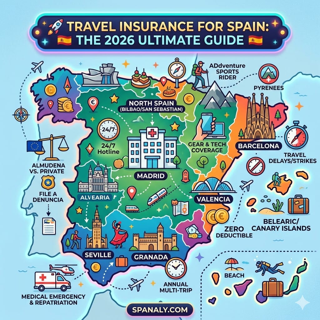 2026 Spain Travel Insurance Ultimate Guide infographic map. Highlights medical emergency, repatriation, zero deductible, and adventure sports riders for Madrid, Barcelona, and Seville. Spanaly.com