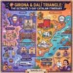 An epic infographic map of Catalonia for a 3-day itinerary, split between Girona and the Dali Triangle (Figueres & Cadaqués), featuring landmarks, local food, and transport icons.