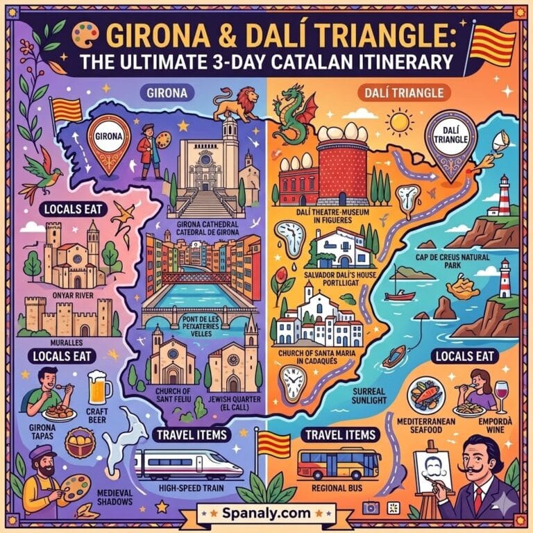 An epic infographic map of Catalonia for a 3-day itinerary, split between Girona and the Dali Triangle (Figueres & Cadaqués), featuring landmarks, local food, and transport icons.