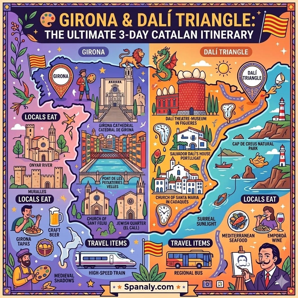 An epic infographic map of Catalonia for a 3-day itinerary, split between Girona and the Dali Triangle (Figueres & Cadaqués), featuring landmarks, local food, and transport icons.
